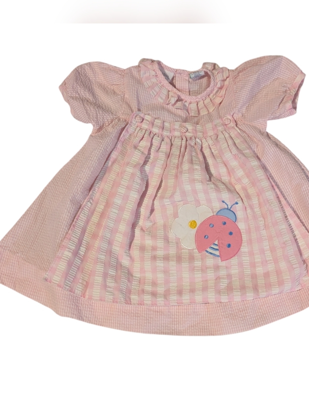 Carters Vintage Infant Girl Pink White Seersucker Apron Floral Embroidered Dress